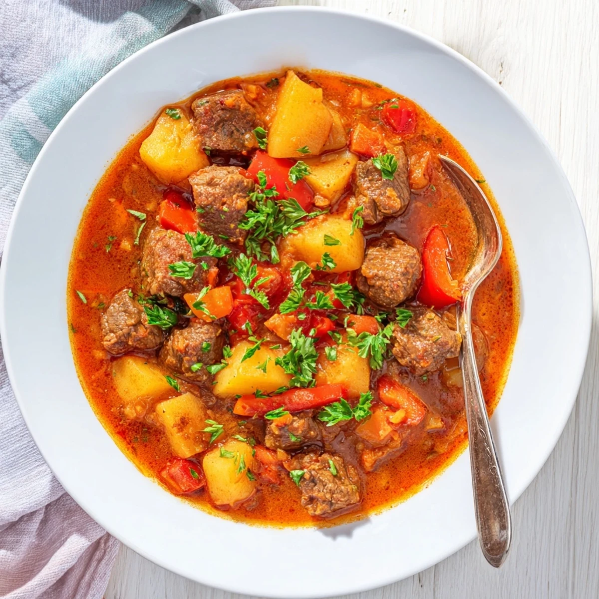 Spoonful of beef and potato slow cooker Hungarian goulash showcasing its thick, paprika-infused broth and tender vegetables