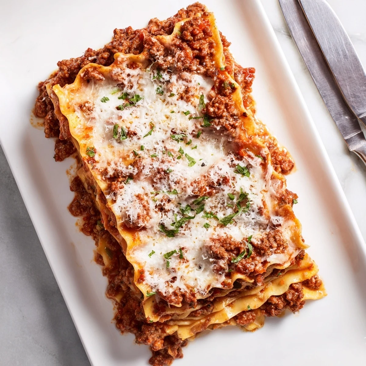 Square slice of classic lasagna showing distinct pasta layers with creamy béchamel sauce