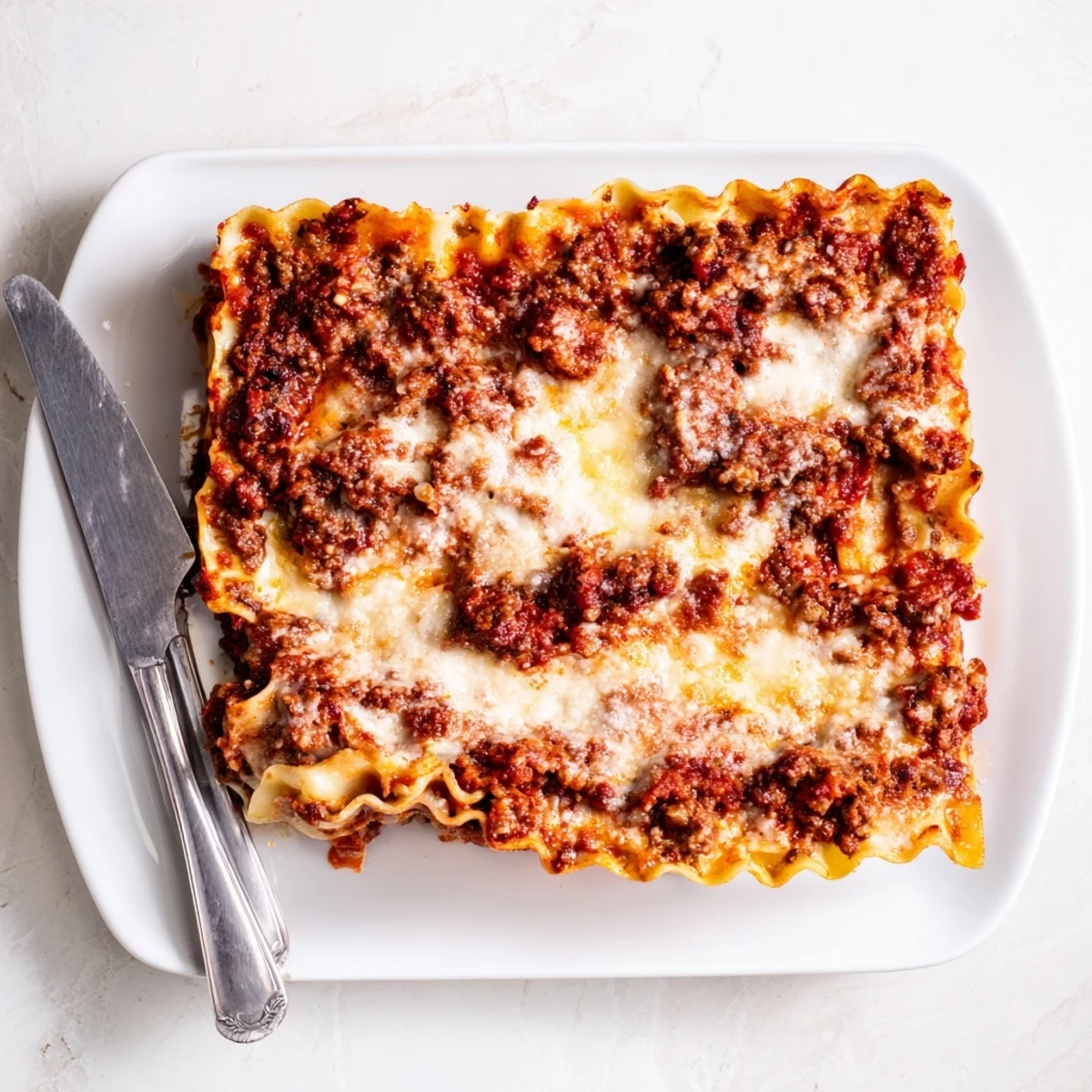 Steaming hot classic lasagna with melted cheese topping and hearty ground beef filling