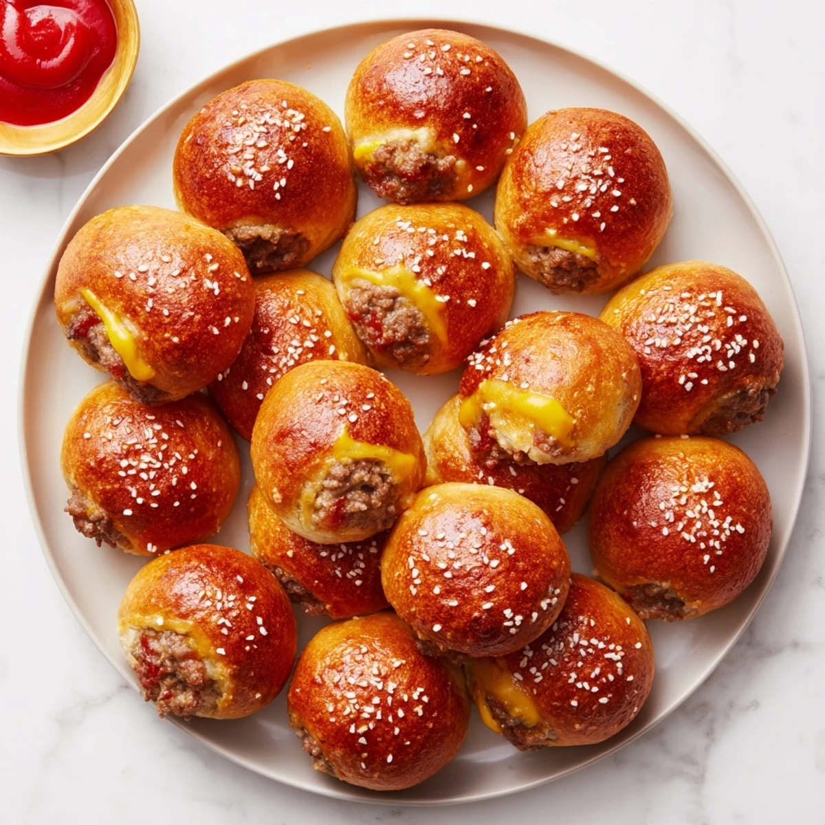 Golden brown cheeseburger pretzel bombs stuffed with seasoned beef and melted cheddar cheese