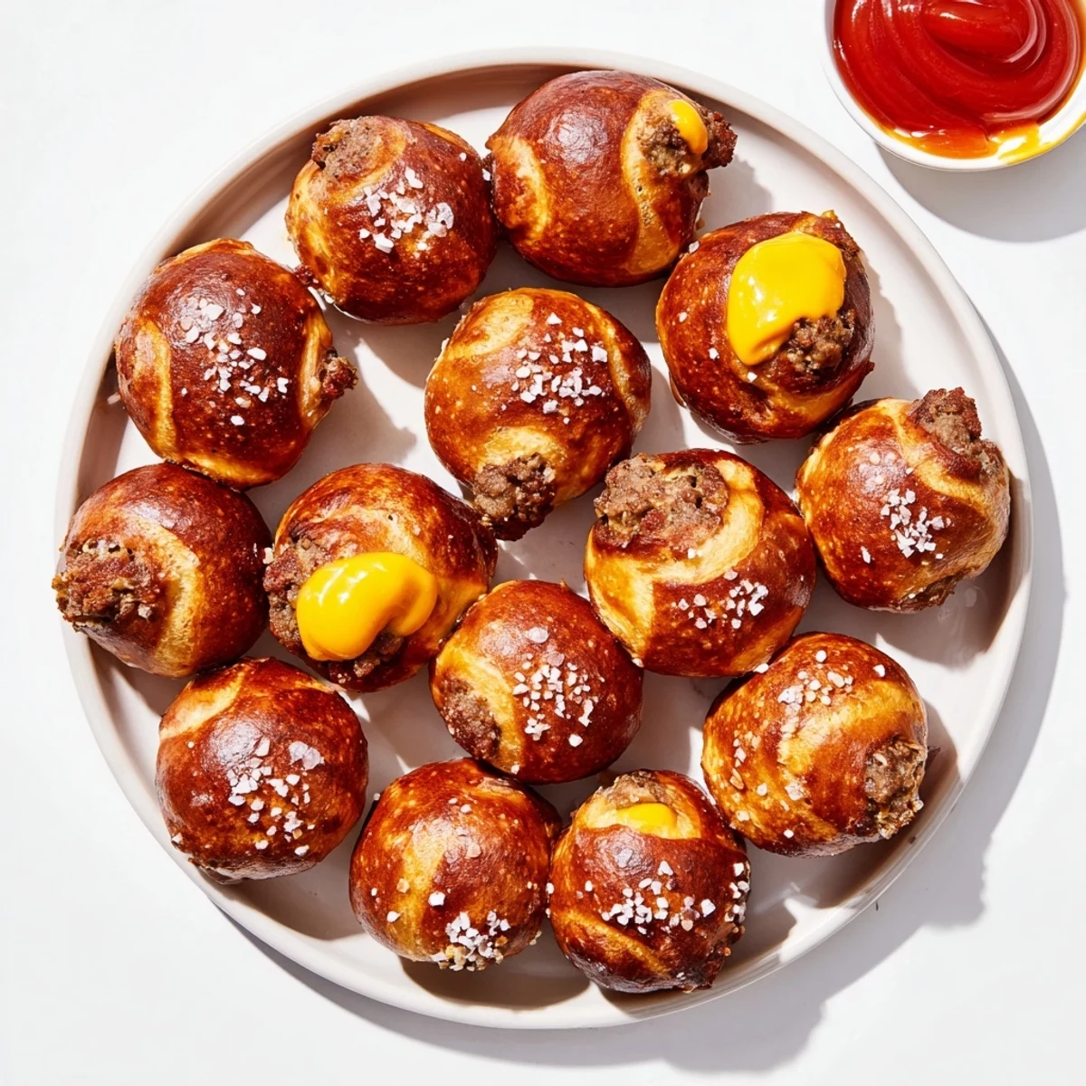 Soft pretzel balls filled with juicy cheeseburger mixture baked until deep golden brown
