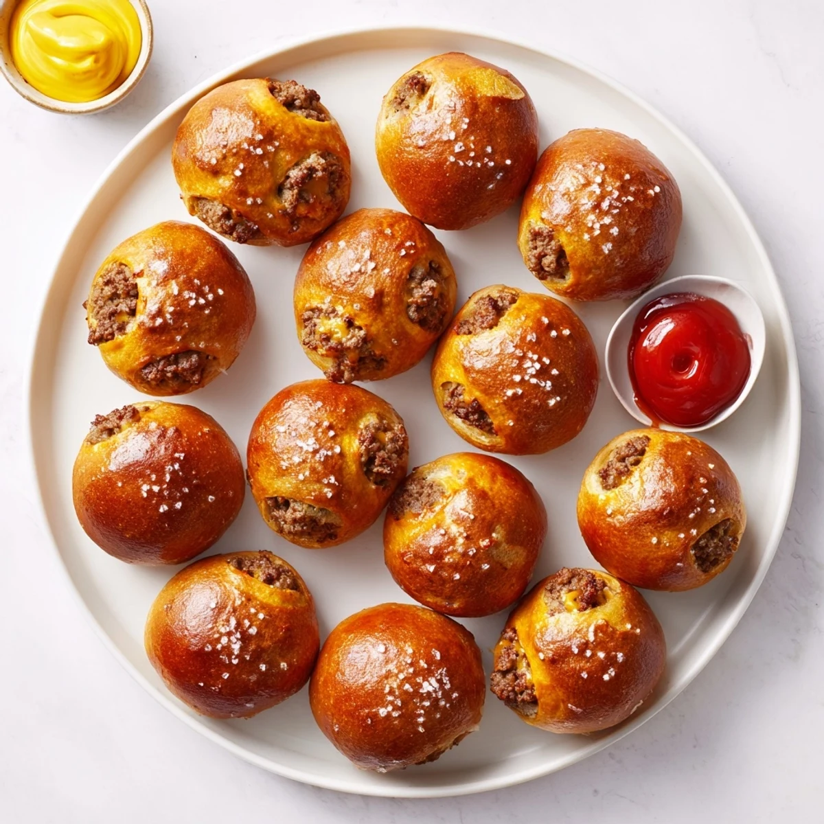 Bite-sized cheeseburger pretzel bombs with ground beef filling and cheddar on wooden board