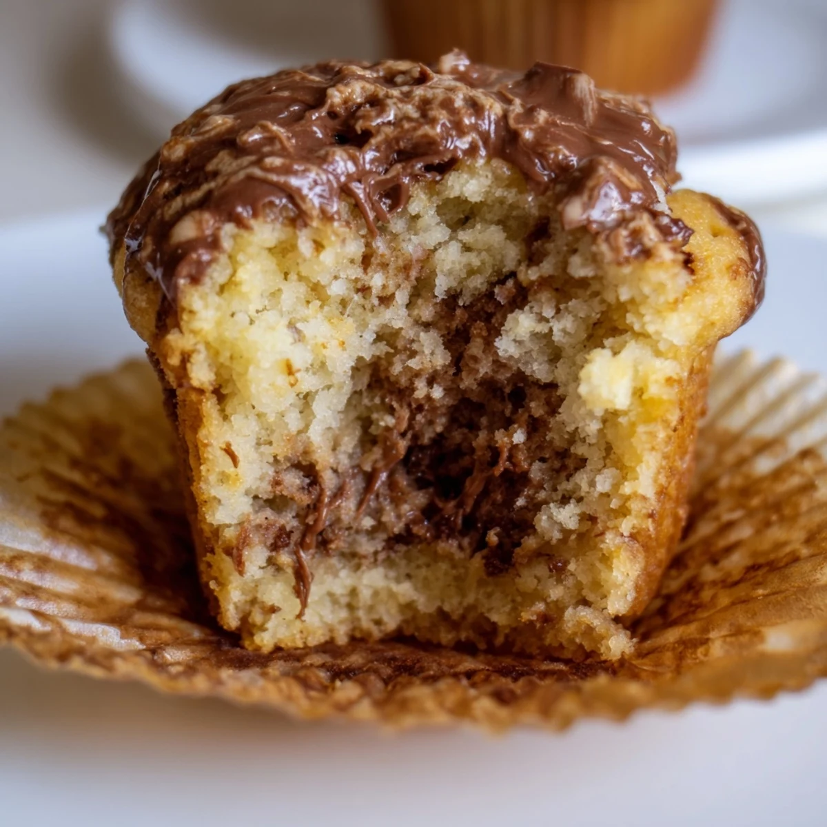Golden Nutella banana swirl muffins with ribbons of chocolate hazelnut spread spiraled through moist banana batter