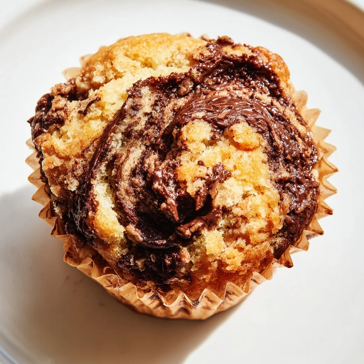 Freshly baked Nutella banana swirl muffins cooling on a wire rack with glossy chocolate hazelnut ribbons visible