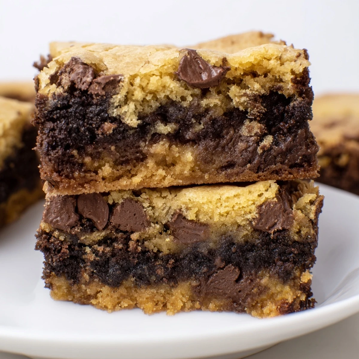 Freshly baked chocolate chip cookie brownies featuring fudgy layers with melty chocolate chips on top