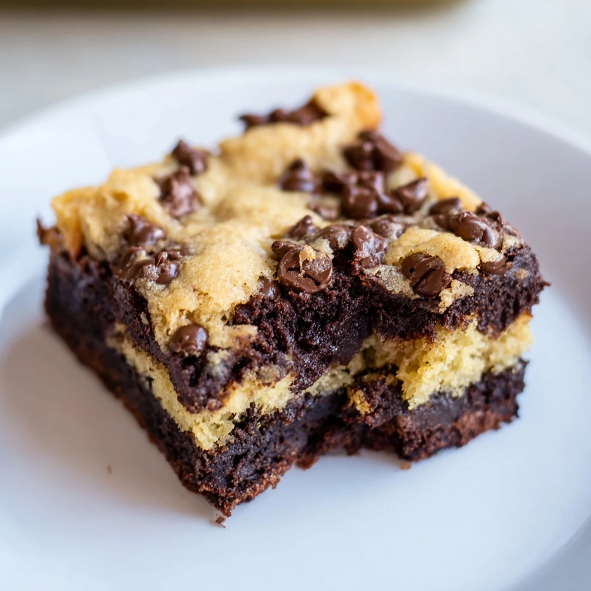 Golden chocolate chip cookie brownies bar showing distinct cookie and brownie layers with gooey center
