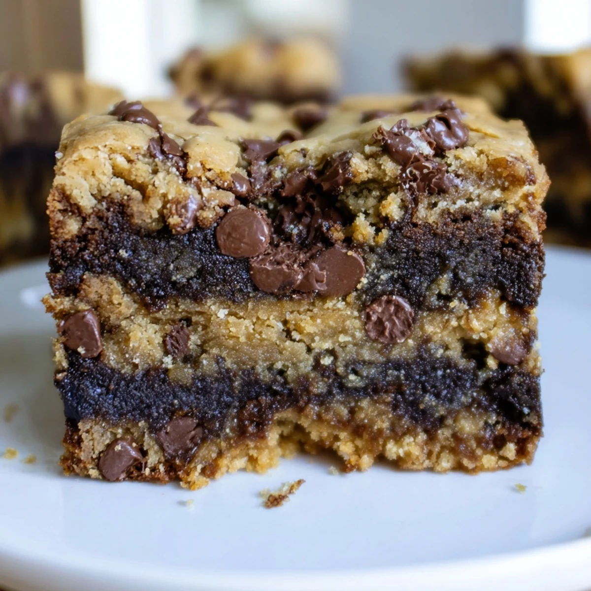 Sliced chocolate chip cookie brownies revealing the rich dual layers studded with semisweet chocolate chunks