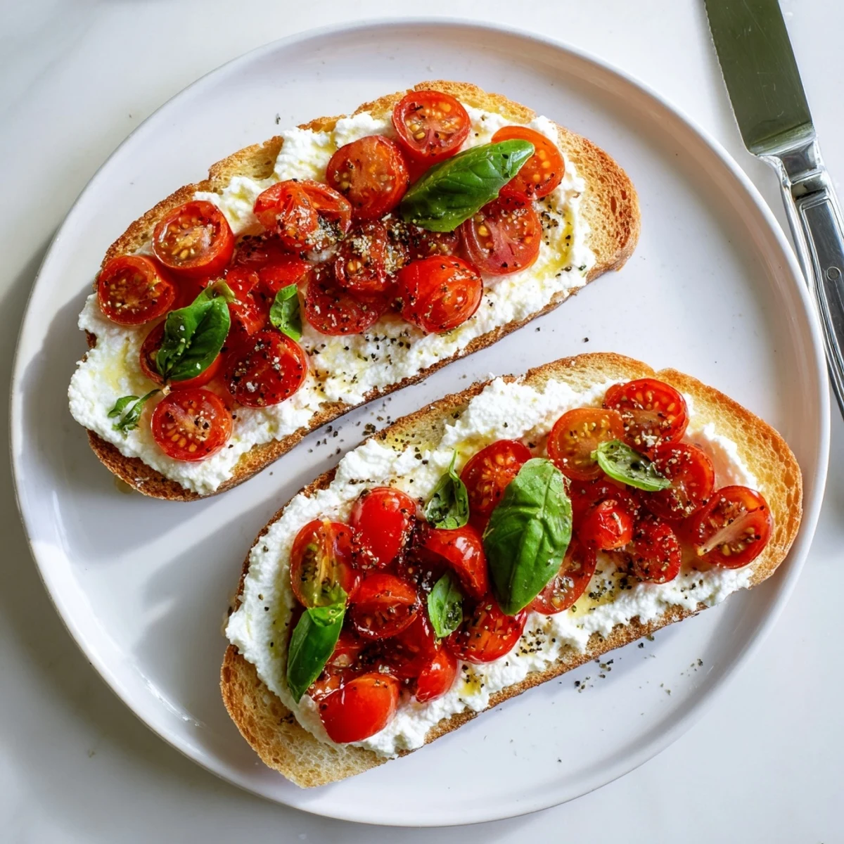 Golden ricotta tomato sourdough toast topped with fresh basil and juicy cherry tomatoes