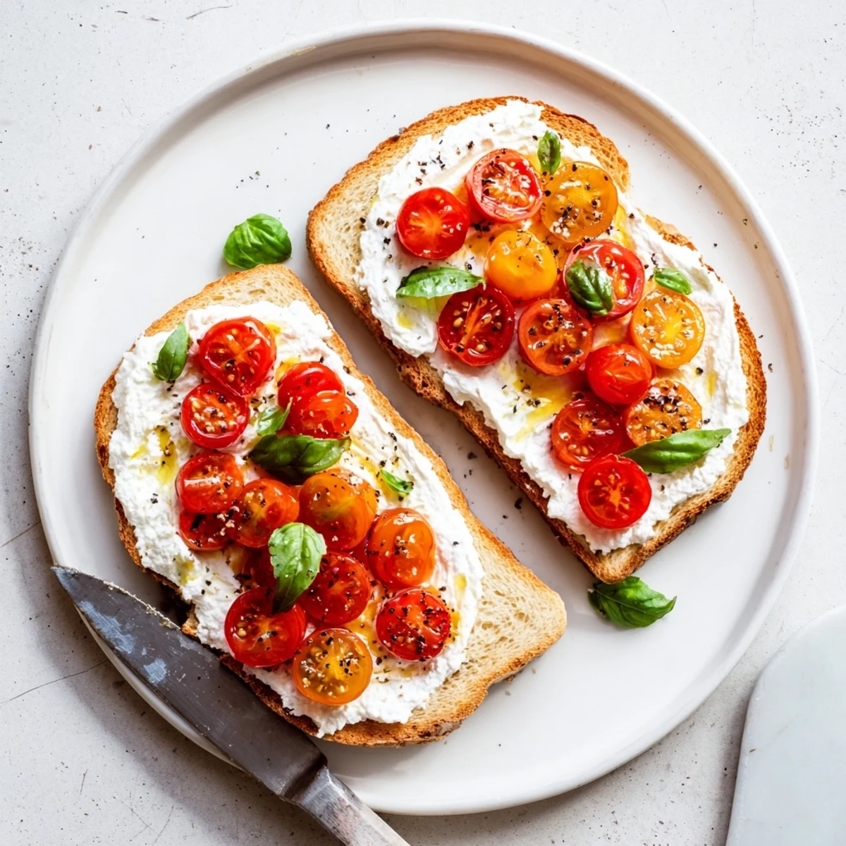 Creamy ricotta spread on crisp sourdough with vibrant tomatoes and aromatic basil garnish
