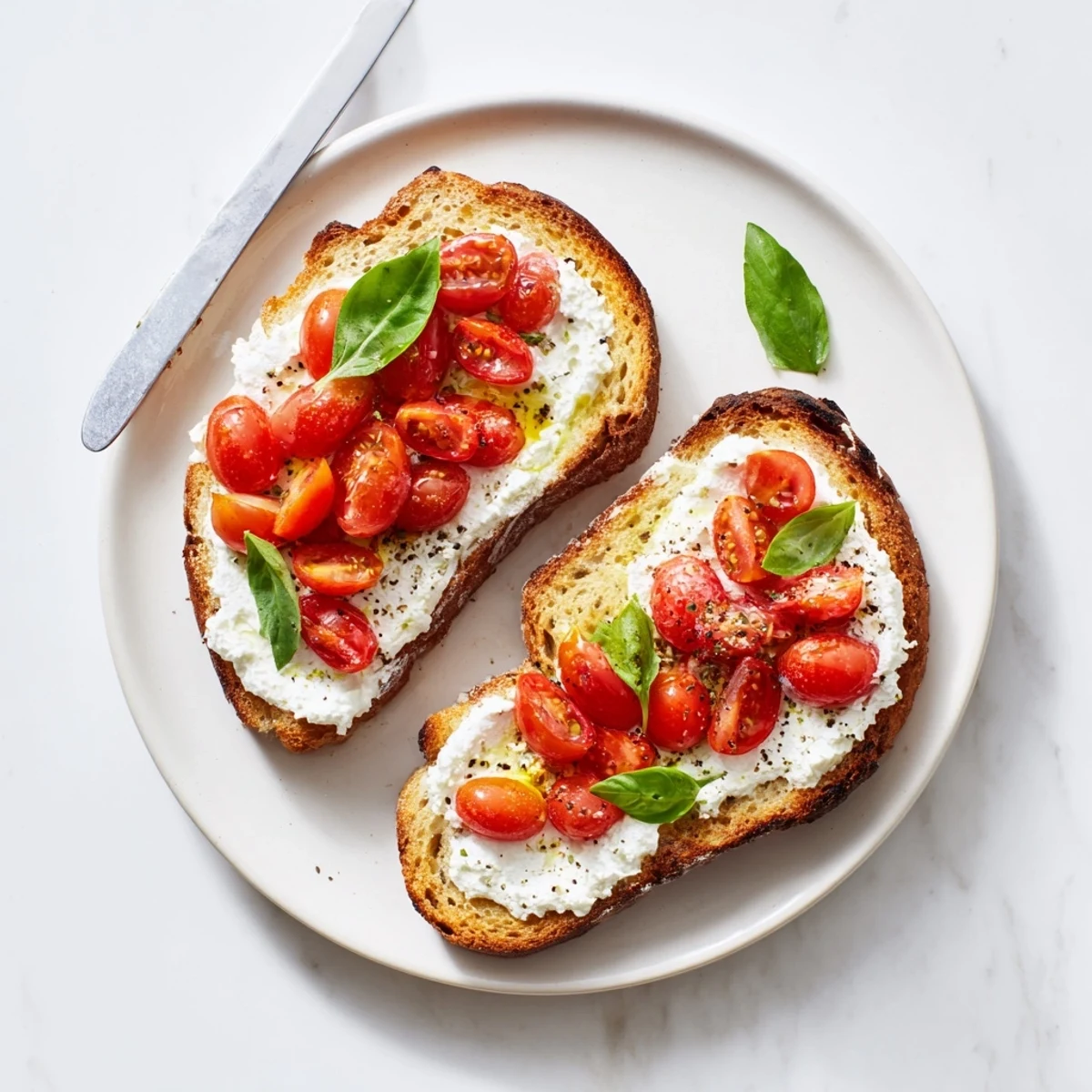 Mediterranean-inspired ricotta tomato sourdough toast drizzled with olive oil and flaky sea salt