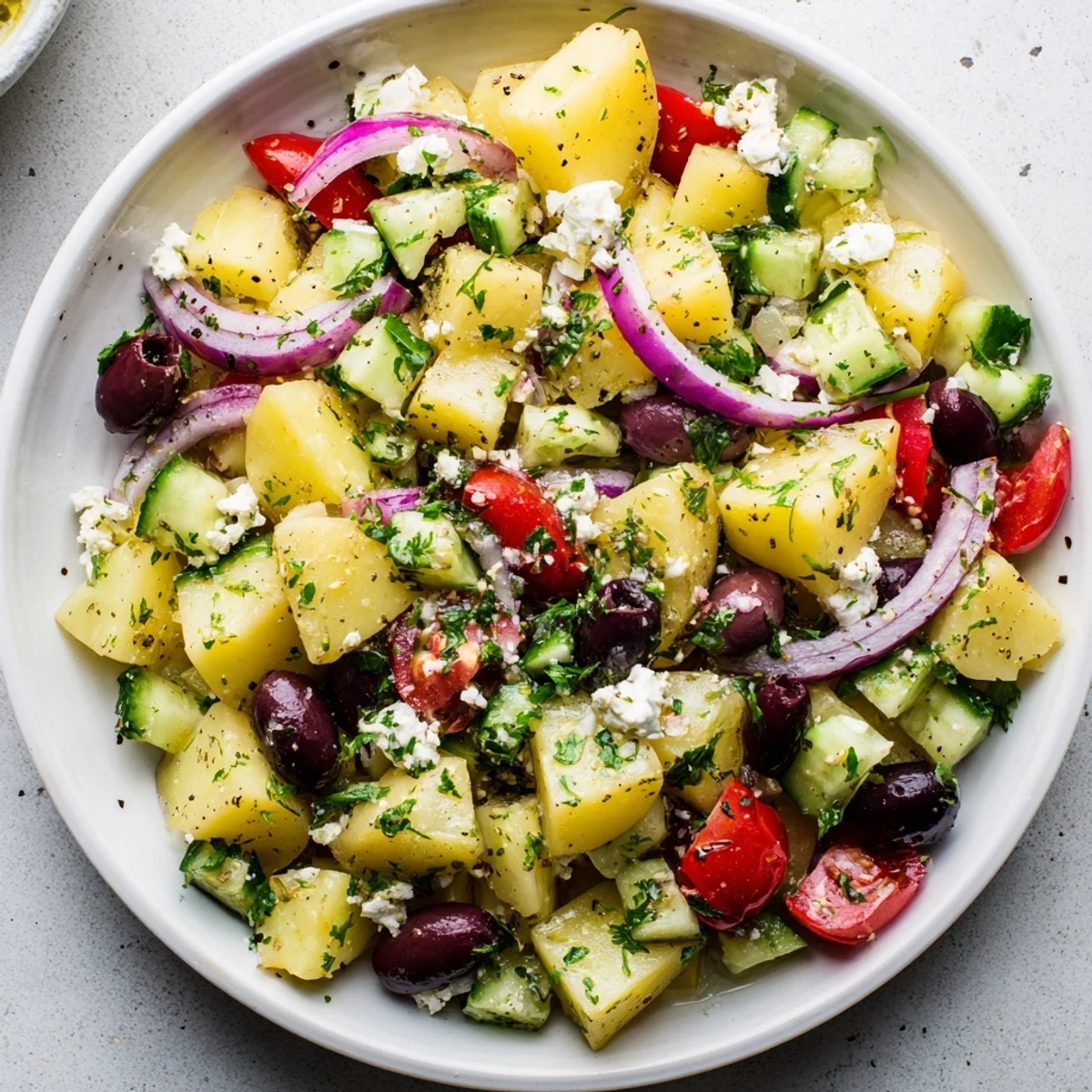 Colorful bowl of Greek potato salad with tender potatoes, crisp vegetables, olives, and crumbled feta cheese drizzled with zesty lemon dressing