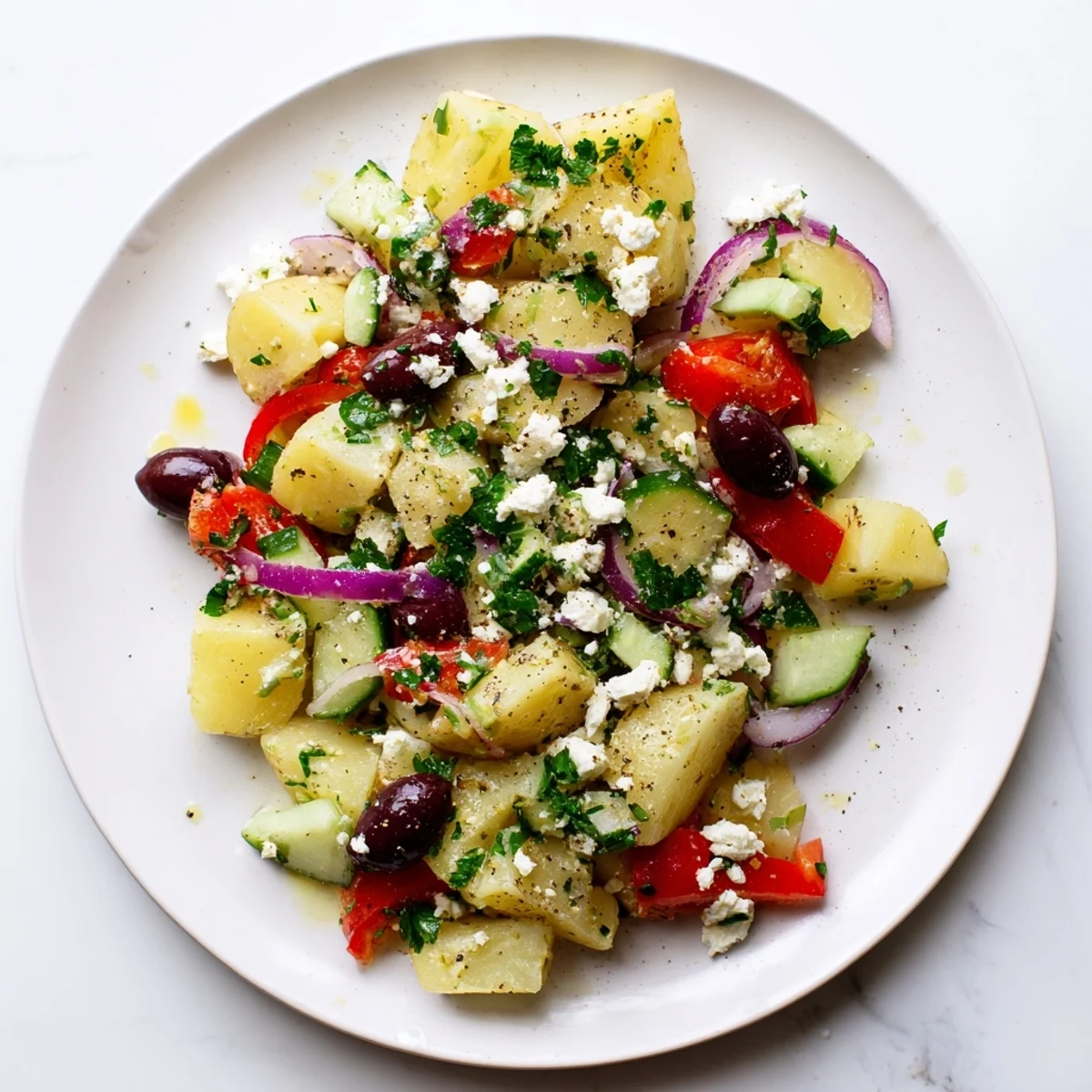 Fresh Greek potato salad featuring waxy potatoes, cherry tomatoes, cucumber, red bell pepper, and Kalamata olives tossed in herb lemon vinaigrette