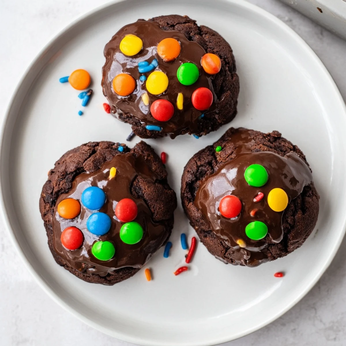 Fudgy Cosmic Brownie Cookies topped with glossy chocolate ganache and colorful rainbow candy chips