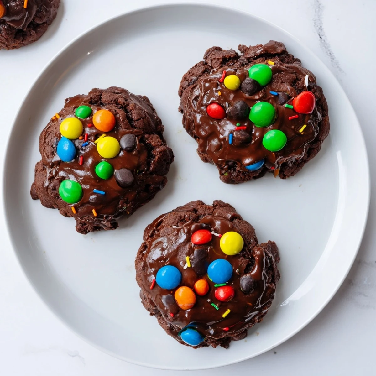 Thick Cosmic Brownie Cookies with rich chocolate frosting and sprinkled candy-coated chocolate pieces