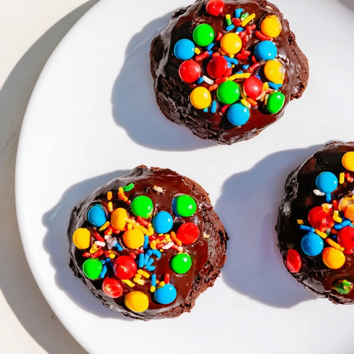 Homemade Cosmic Brownie Cookies featuring smooth ganache glaze and festive rainbow candy topping