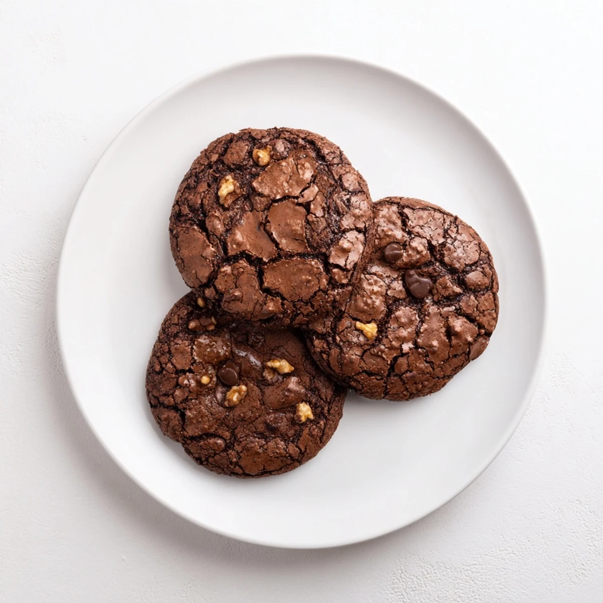 Homemade sourdough brownie cookies stacked on a wire rack with shiny crackled surfaces