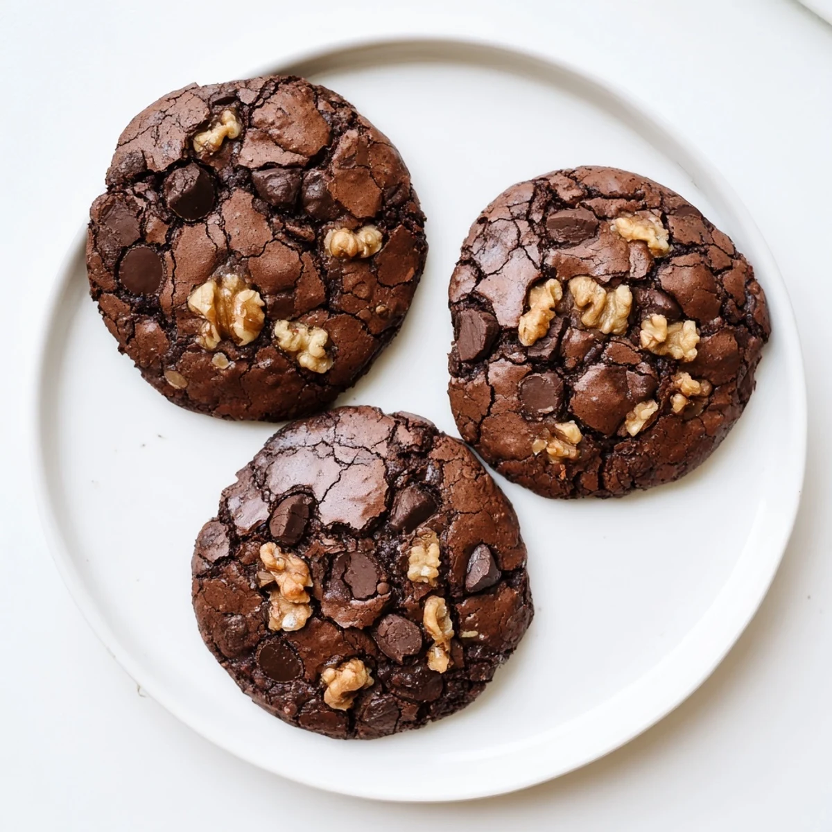 Plate of warm sourdough brownie cookies featuring crisp edges and rich fudgy centers