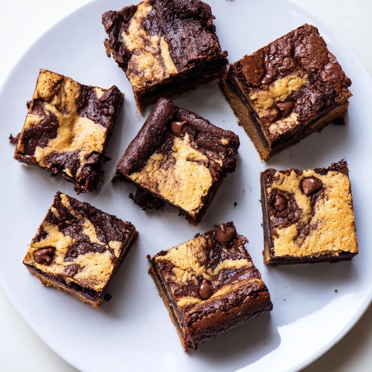Square pan of marbled brownie and cookie layers sliced into fudgy chewy browkies with melted chocolate chips
