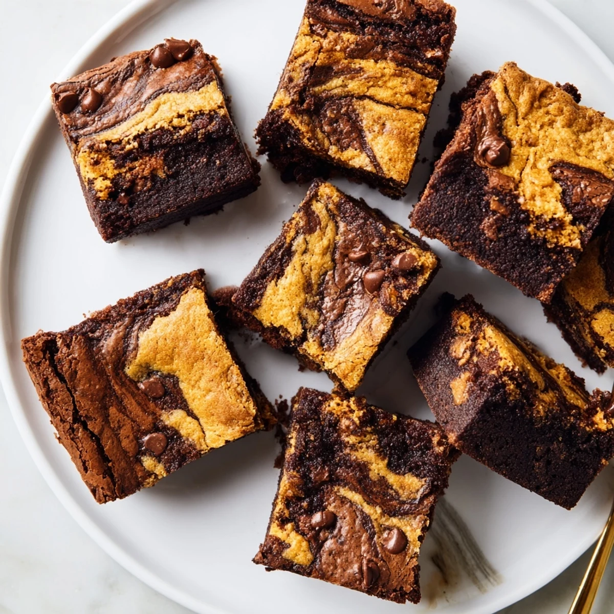 Golden chocolate chip cookie dough swirled over dark chocolate brownie batter creating decadent fudgy chewy browkies