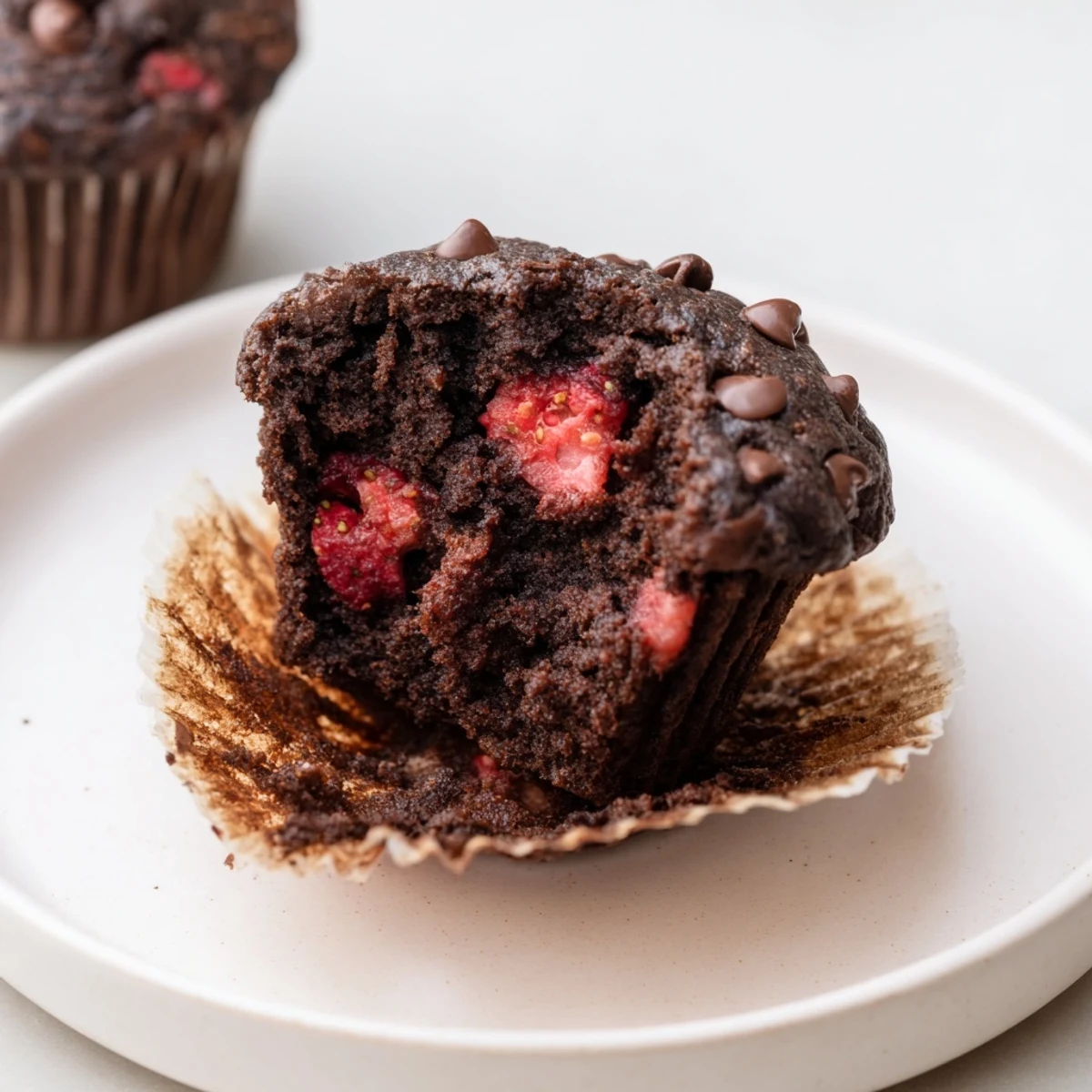 Fresh baked Double Chocolate Strawberry Muffins topped with melted chocolate chips and juicy red berry pieces