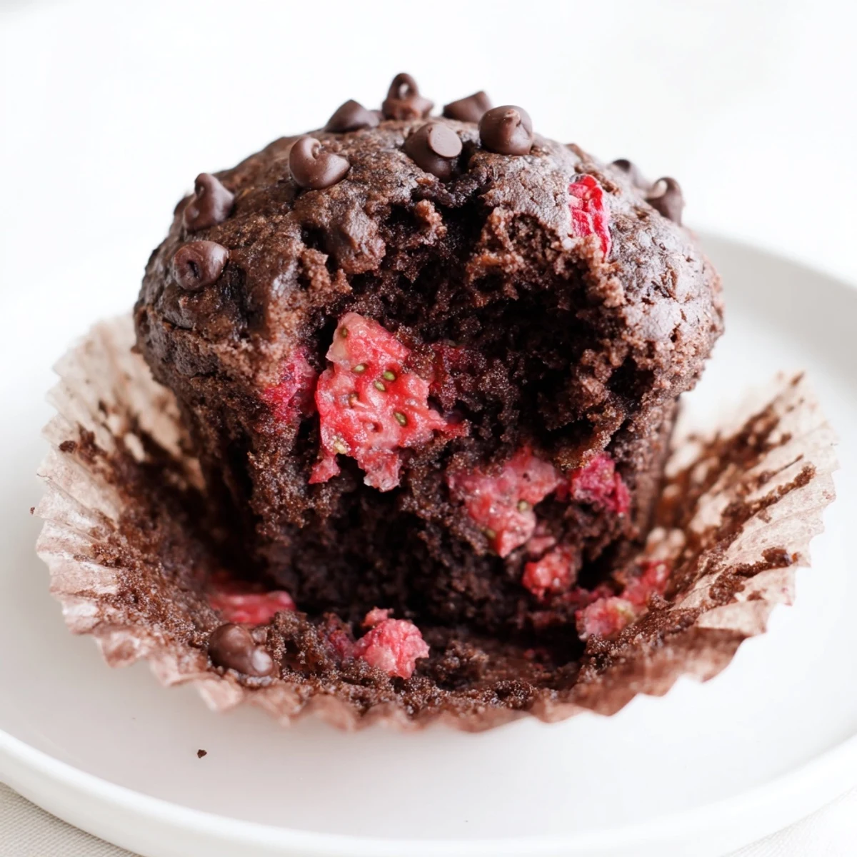 Dark cocoa Double Chocolate Strawberry Muffins cooling on a wire rack with golden brown domed tops