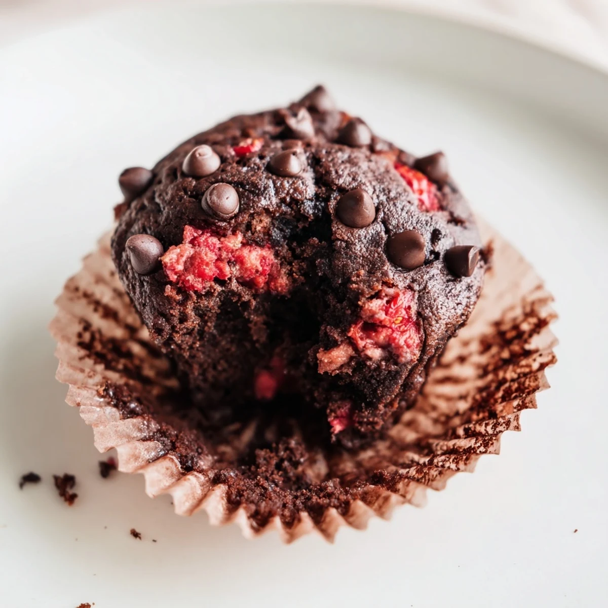 Broken open Double Chocolate Strawberry Muffin revealing moist chocolate crumb studded with fresh diced strawberries