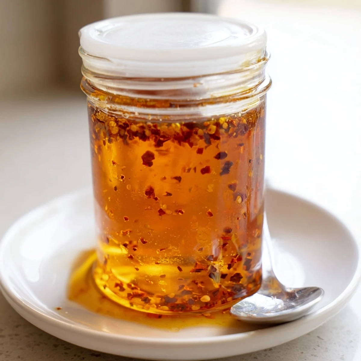 Golden amber homemade hot honey infused with red chili flakes in a glass jar