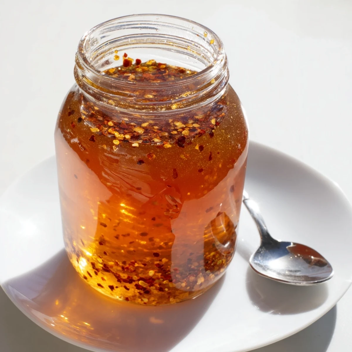 Rich thick hot honey being poured from a spoon into a clear mason jar