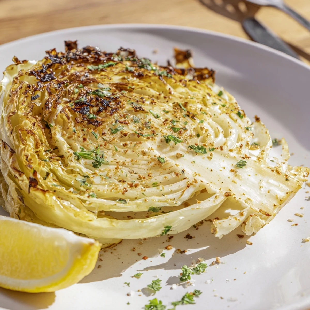 Golden brown roasted cabbage steaks with caramelized edges and savory garlic seasonings on a white baking sheet