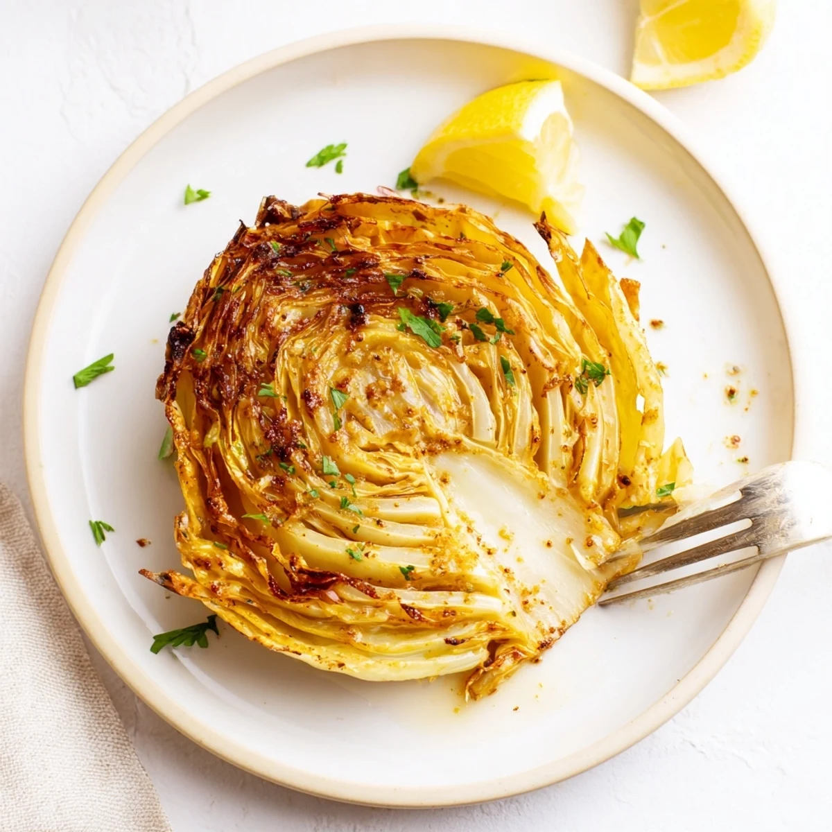 Oven-roasted cabbage steaks arranged on parchment paper, featuring beautifully charred edges and a dusting of aromatic spices