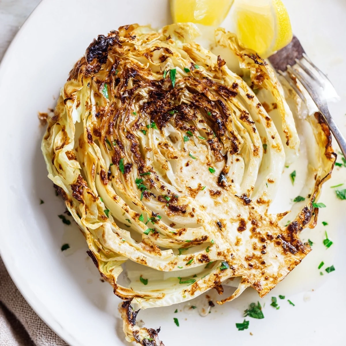 Thick slices of tender cabbage roasted until crispy and golden, sprinkled with smoked paprika and fresh parsley garnish