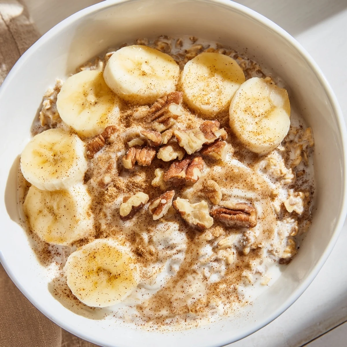Rich brown sugar overnight oats breakfast bowl with pecans, apple slices, and a drizzle of vanilla-infused milk