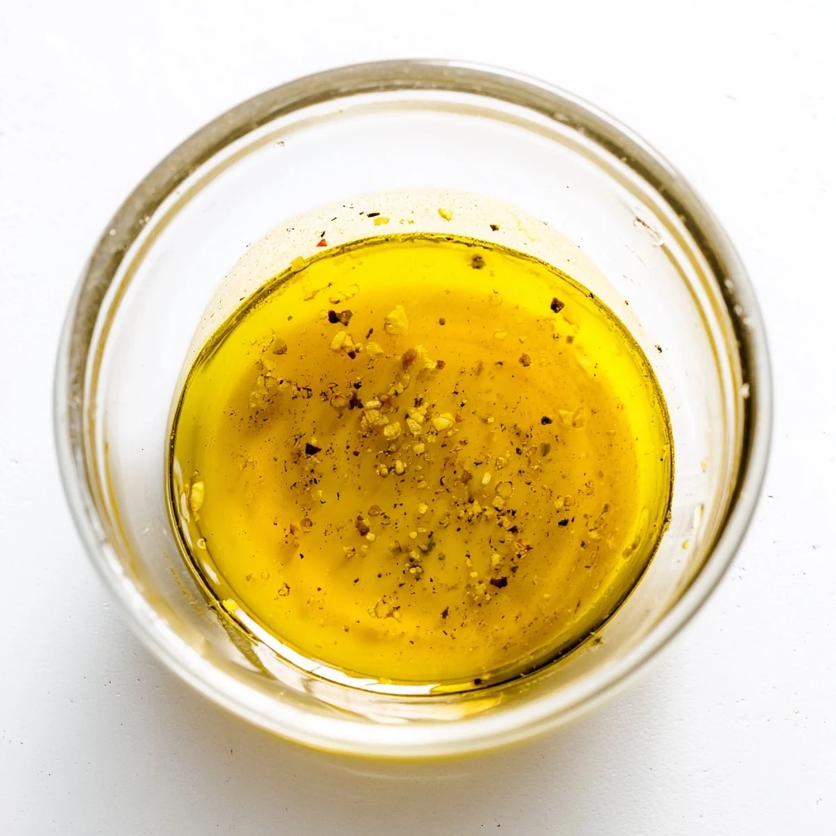 Glass jar of golden Easy Lemon Vinaigrette Dressing with fresh lemon slices and herbs