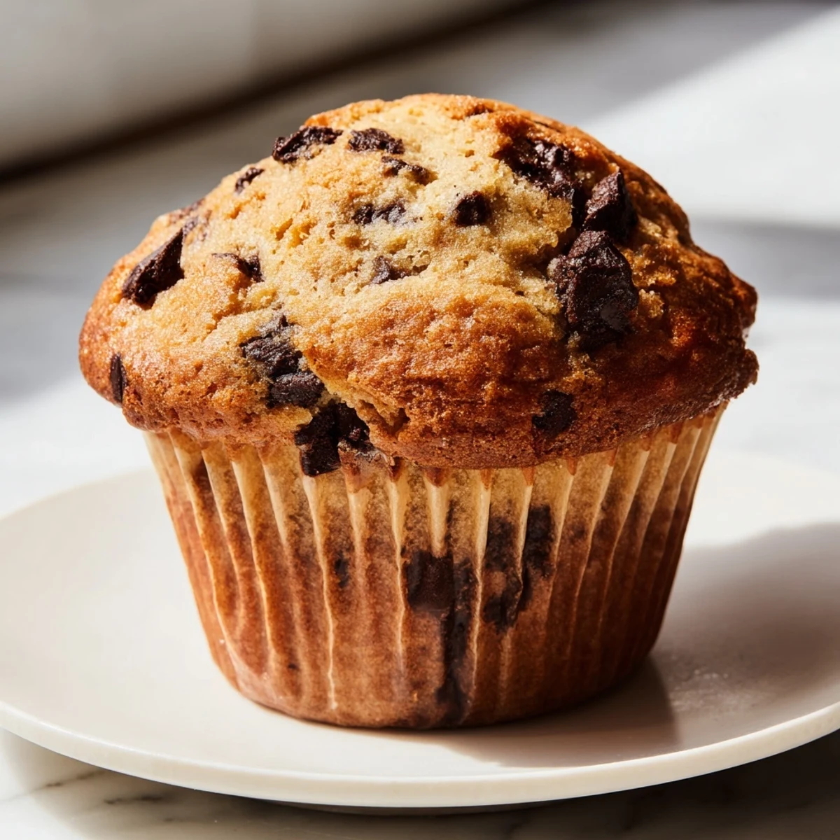 Golden bakery style chocolate chip muffins with tall domed tops and melted chocolate chunks