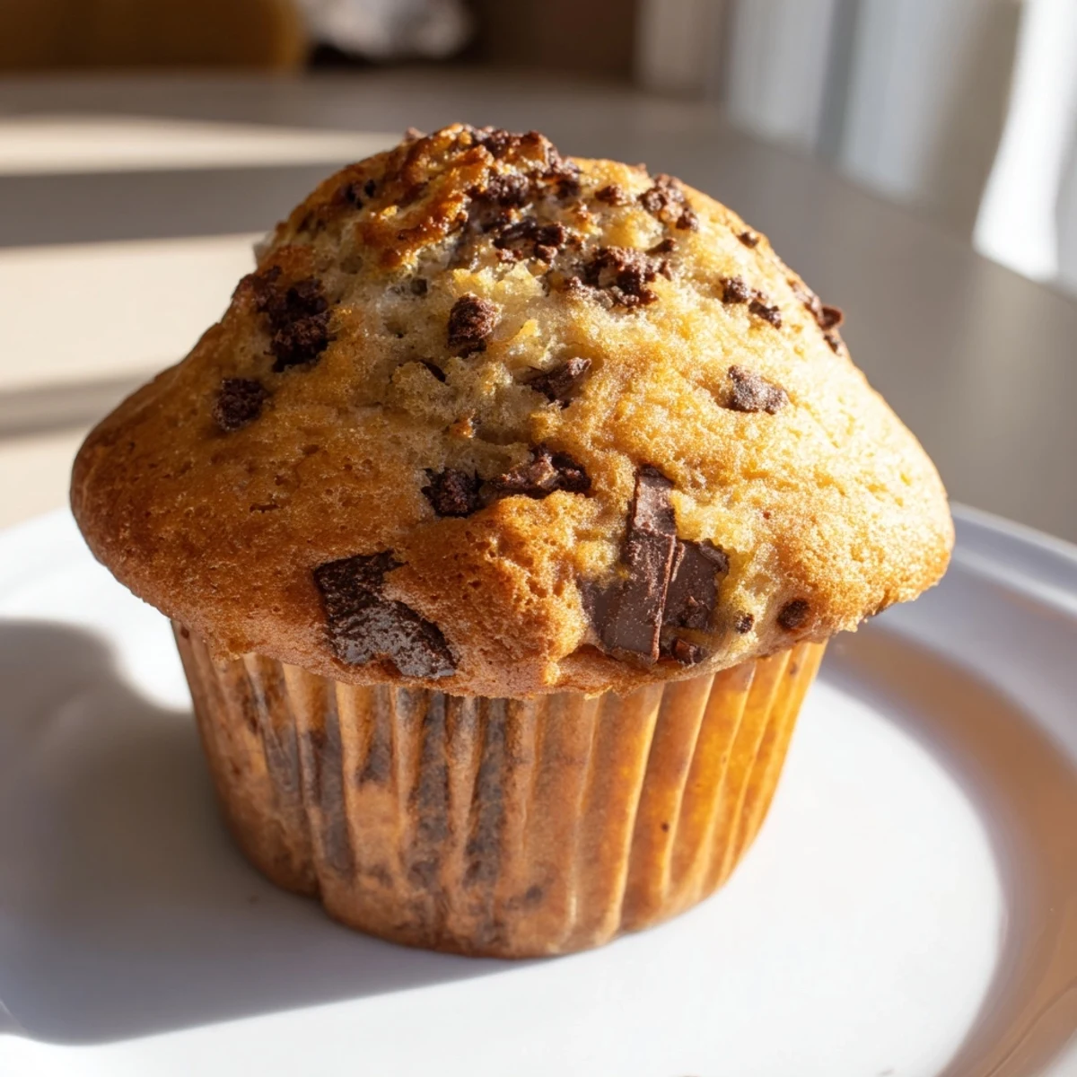 Freshly baked chocolate chip muffins cooling on wire rack with golden brown crumb tops