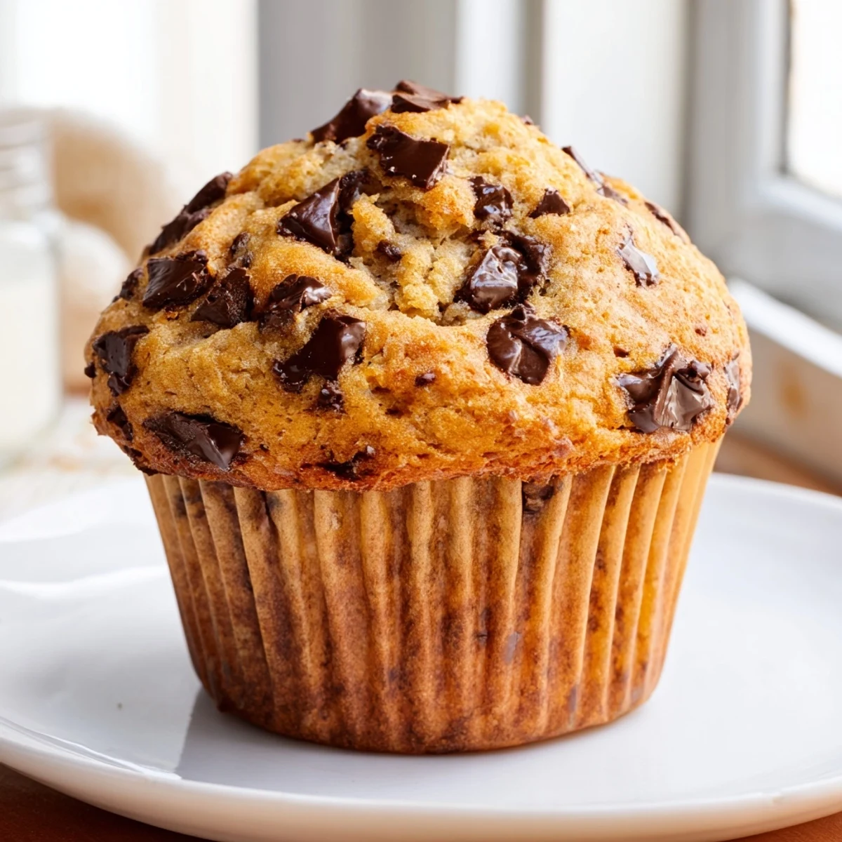 Moist bakery style chocolate chip muffins piled high on white plate with scattered chips