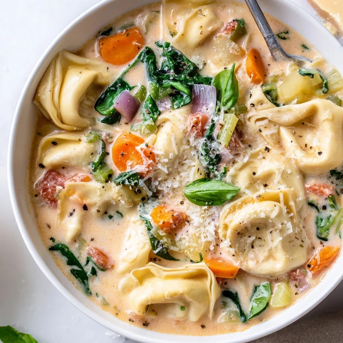 Creamy tortellini soup filled with cheese pasta, spinach, and vegetables in a savory broth
