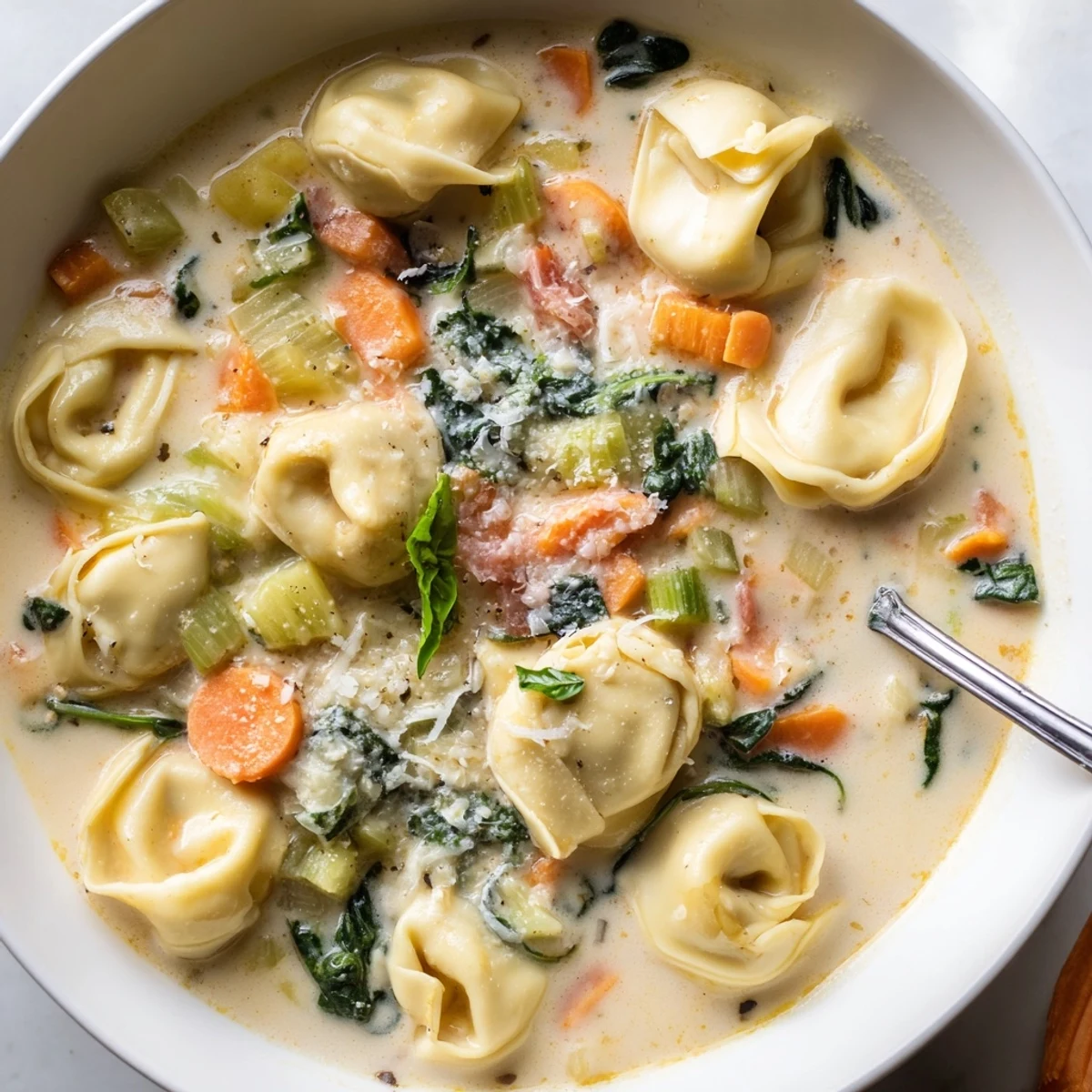 Bowl of comforting tortellini soup topped with fresh Parmesan and tender wilted spinach leaves