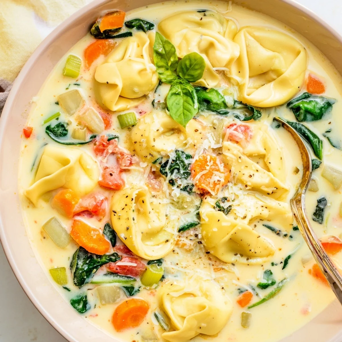 Hearty Italian-style tortellini soup with colorful carrots, celery, and cream swirls in rustic bowl