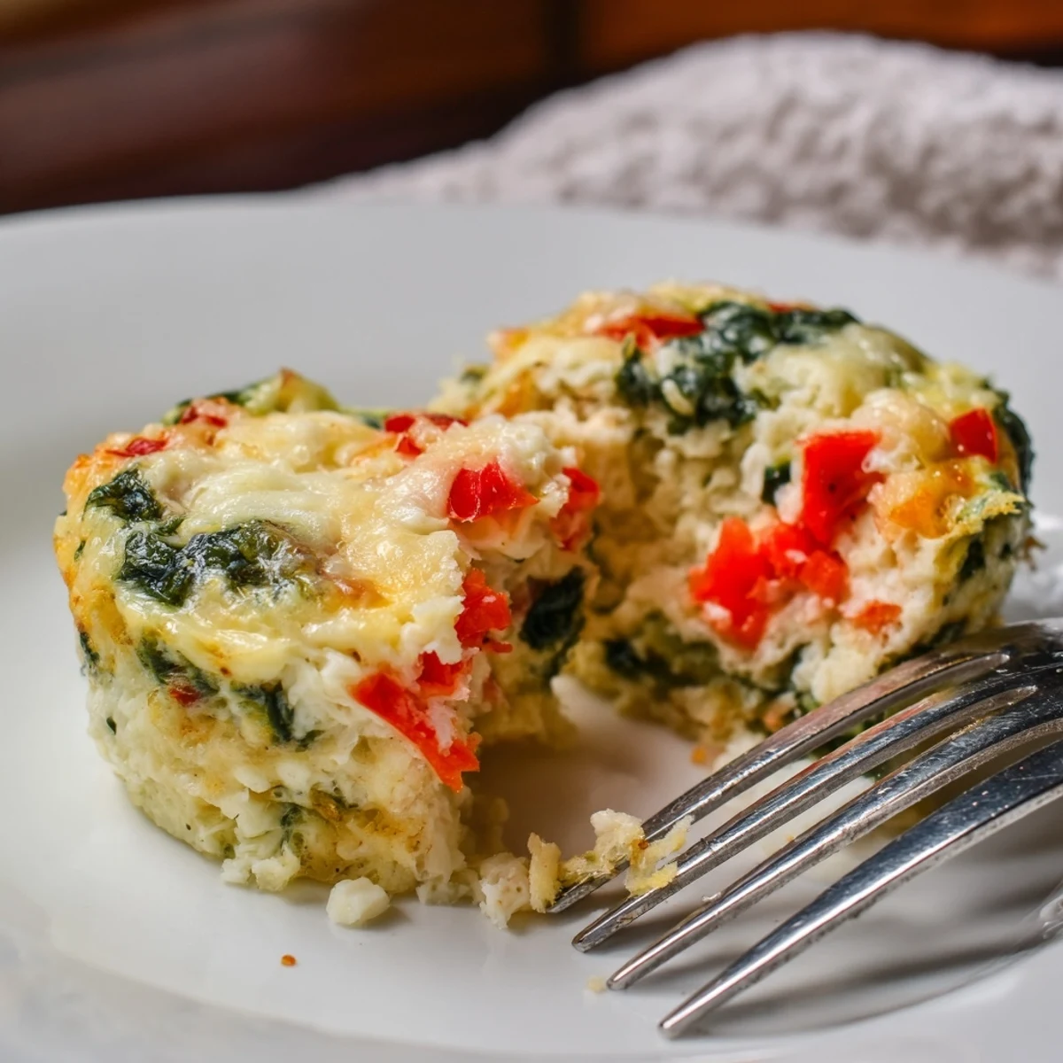 Golden cottage cheese egg bites with melted cheddar and colorful diced vegetables in a muffin tin