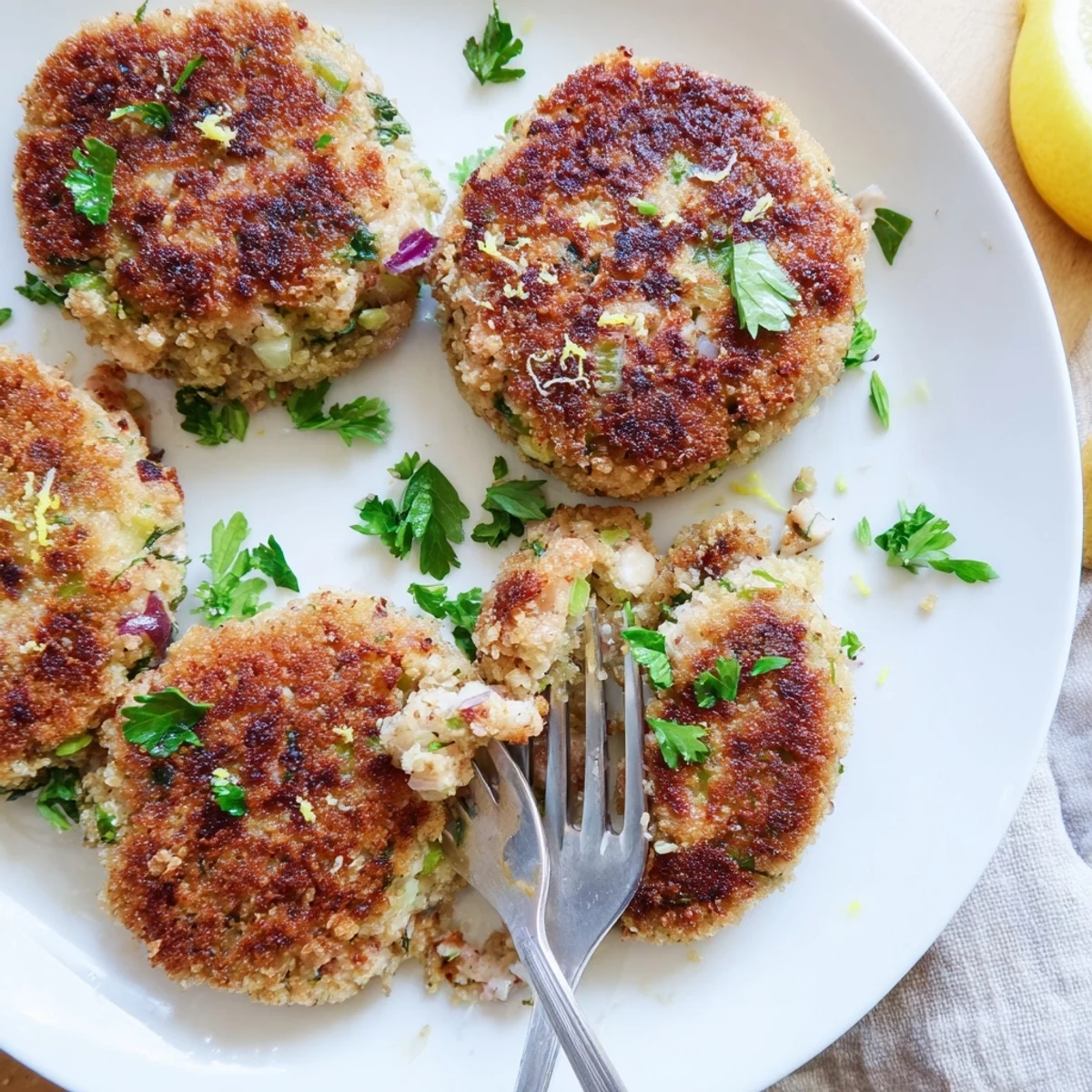 Golden brown crispy tuna cakes served on a white plate with fresh lemon wedges