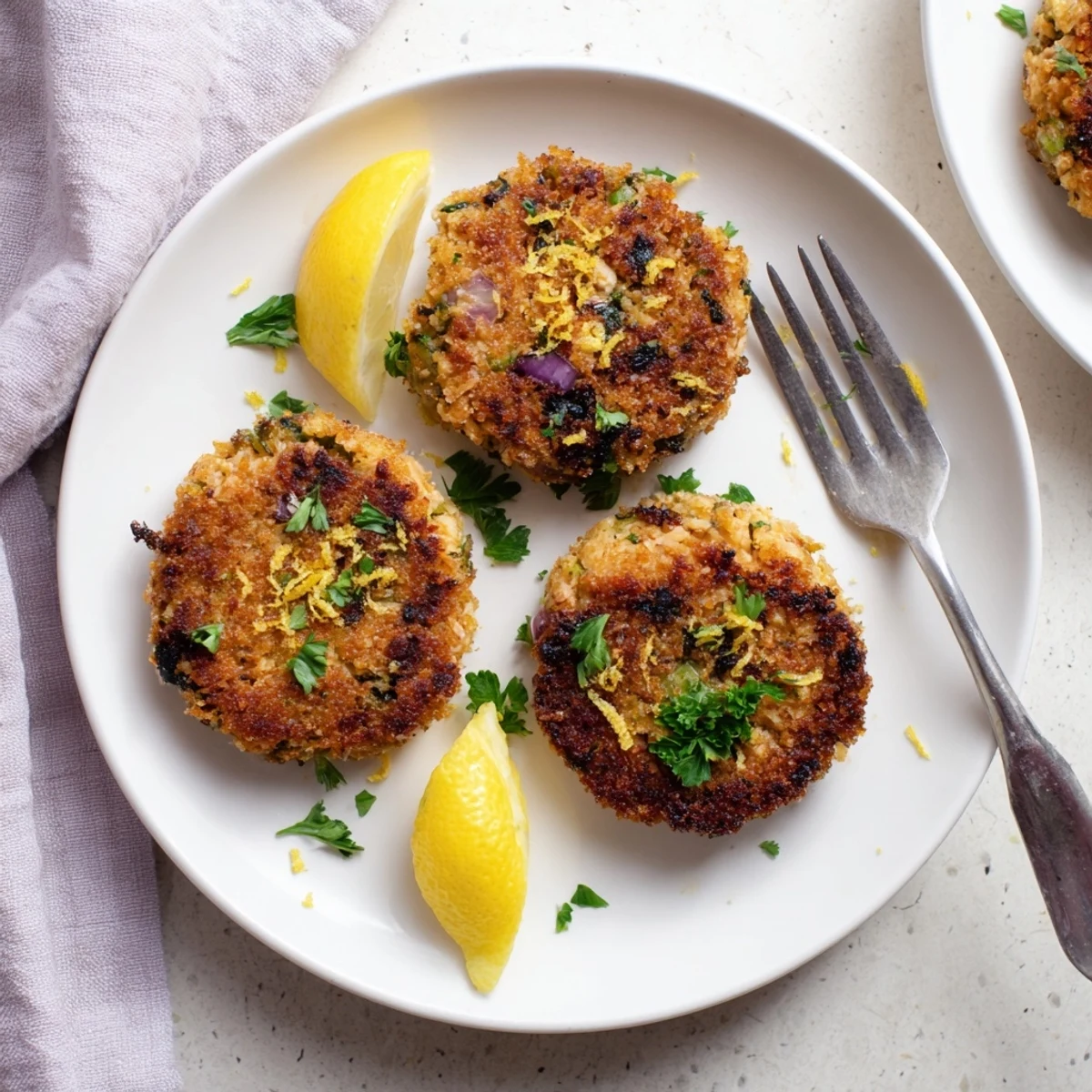 Plate of golden crispy tuna cakes garnished with parsley and red onion bits