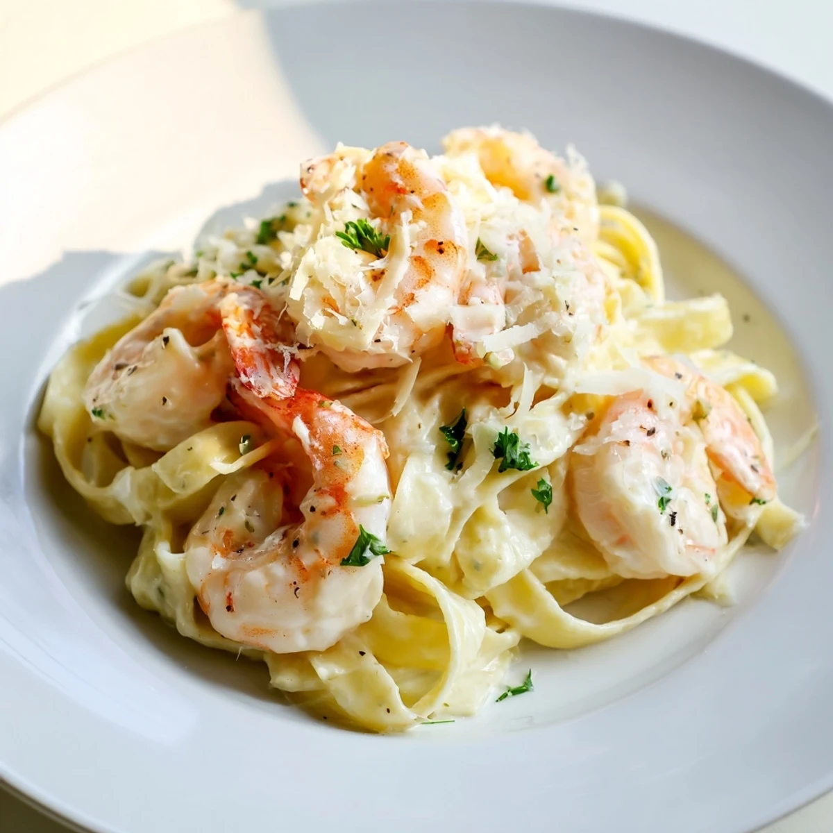 Creamy shrimp fettuccine pasta with homemade Alfredo sauce garnished with fresh parsley and lemon wedges on a white plate