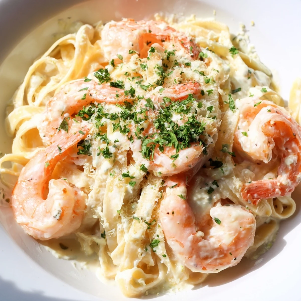 Twirling fettuccine pasta topped with tender shrimp in thick white Alfredo sauce garnished with chopped green parsley