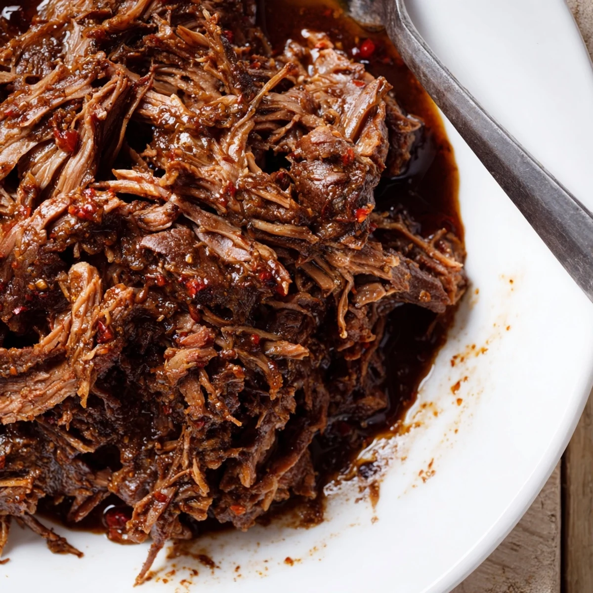 Tender Crock Pot shredded beef piled high with rich juices and fresh herbs