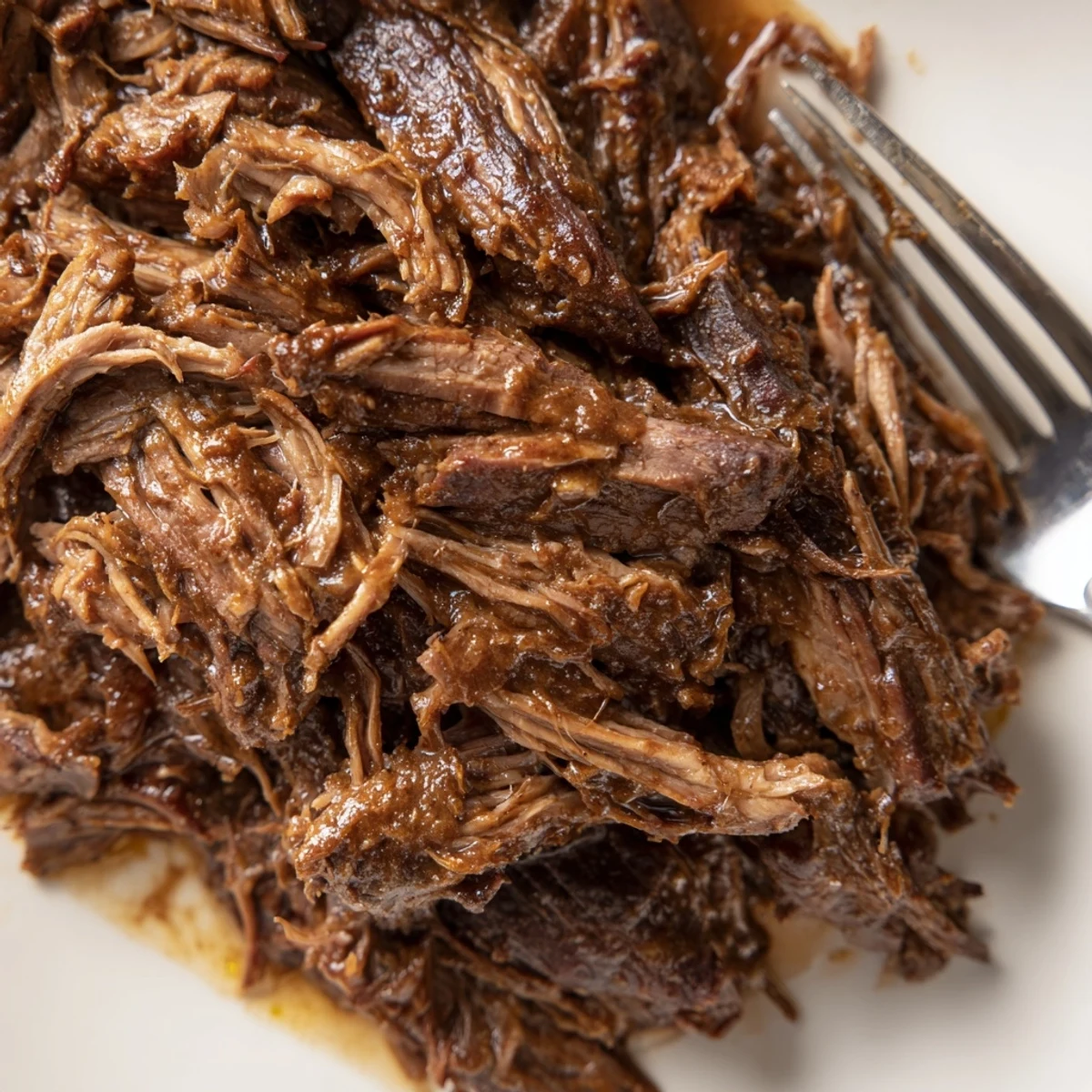 Slow cooker shredded beef roasting with caramelized onions and aromatic spices
