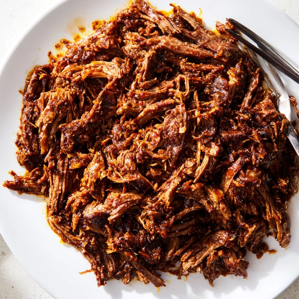 Fork-tender Crock Pot shredded beef drizzled with savory cooking juices for tacos