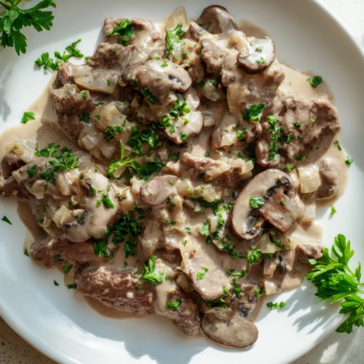 Creamy beef stroganoff with tender beef strips and mushrooms over egg noodles sprinkled with fresh parsley
