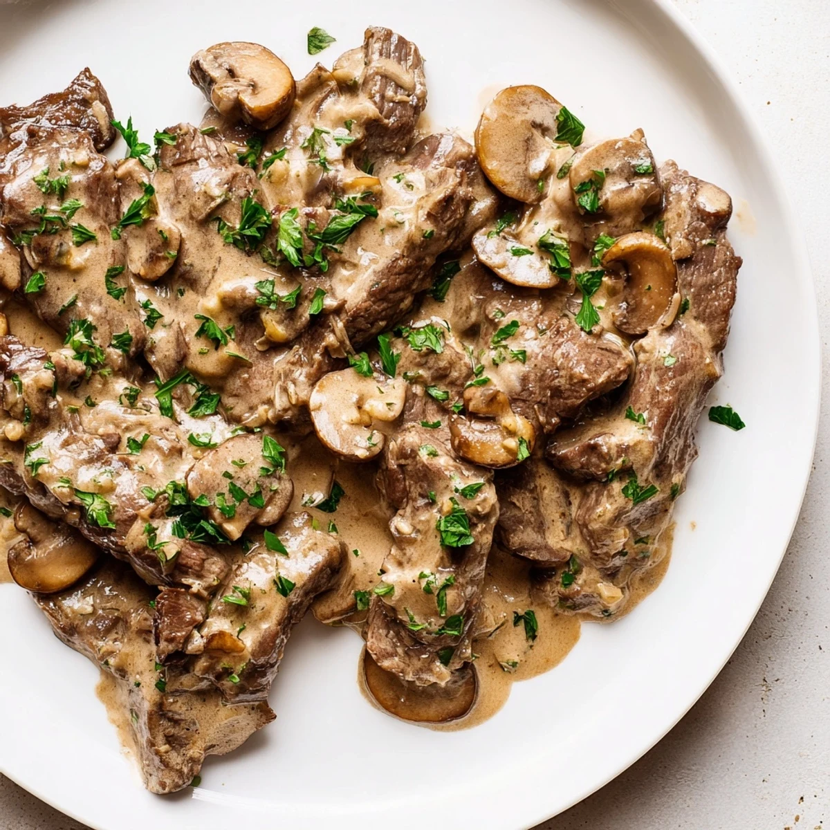 Classic beef stroganoff in rich mushroom sauce served on a bed of steaming white rice