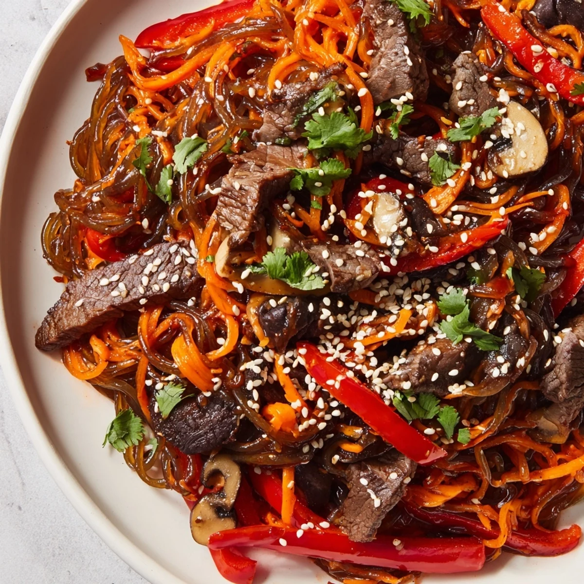 Steaming bowl of Korean beef noodles with tender beef slices, colorful vegetables, and chewy noodles coated in savory-sweet gochujang sauce